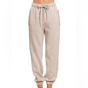 Acid Wash Fleece Jogger Sweatpants w/ Pockets in Ash Mocha